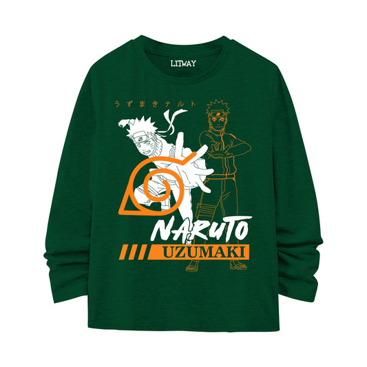 Boys Anime Full Sleeve T-Shirt – Naruto Uzumaki Print (Ages 9–16 Years)