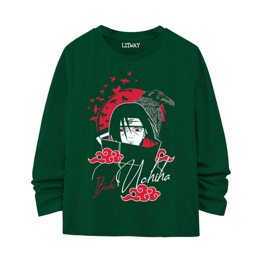 Boys Anime Full Sleeve T-Shirt – Itachi Uchiha Graphic Print (Ages 9–16 Years)