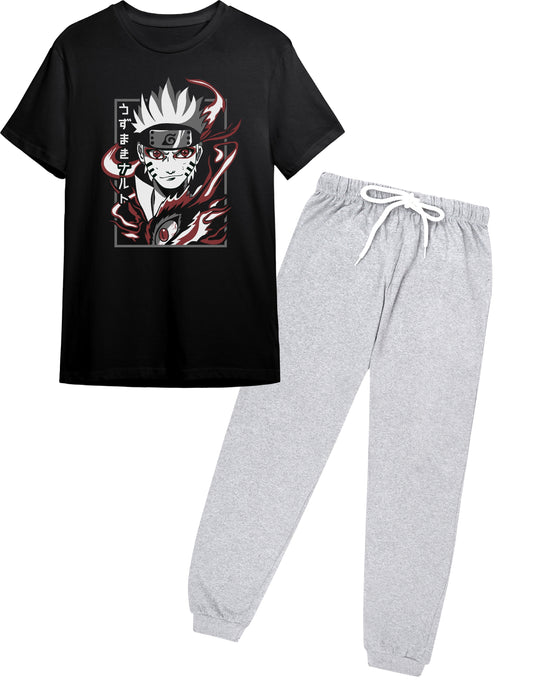 Boys Anime Hero Graphic Black T-Shirt & Grey Jogger Set | Ages 9-16 Years | Full Sleeve Casual Outfit