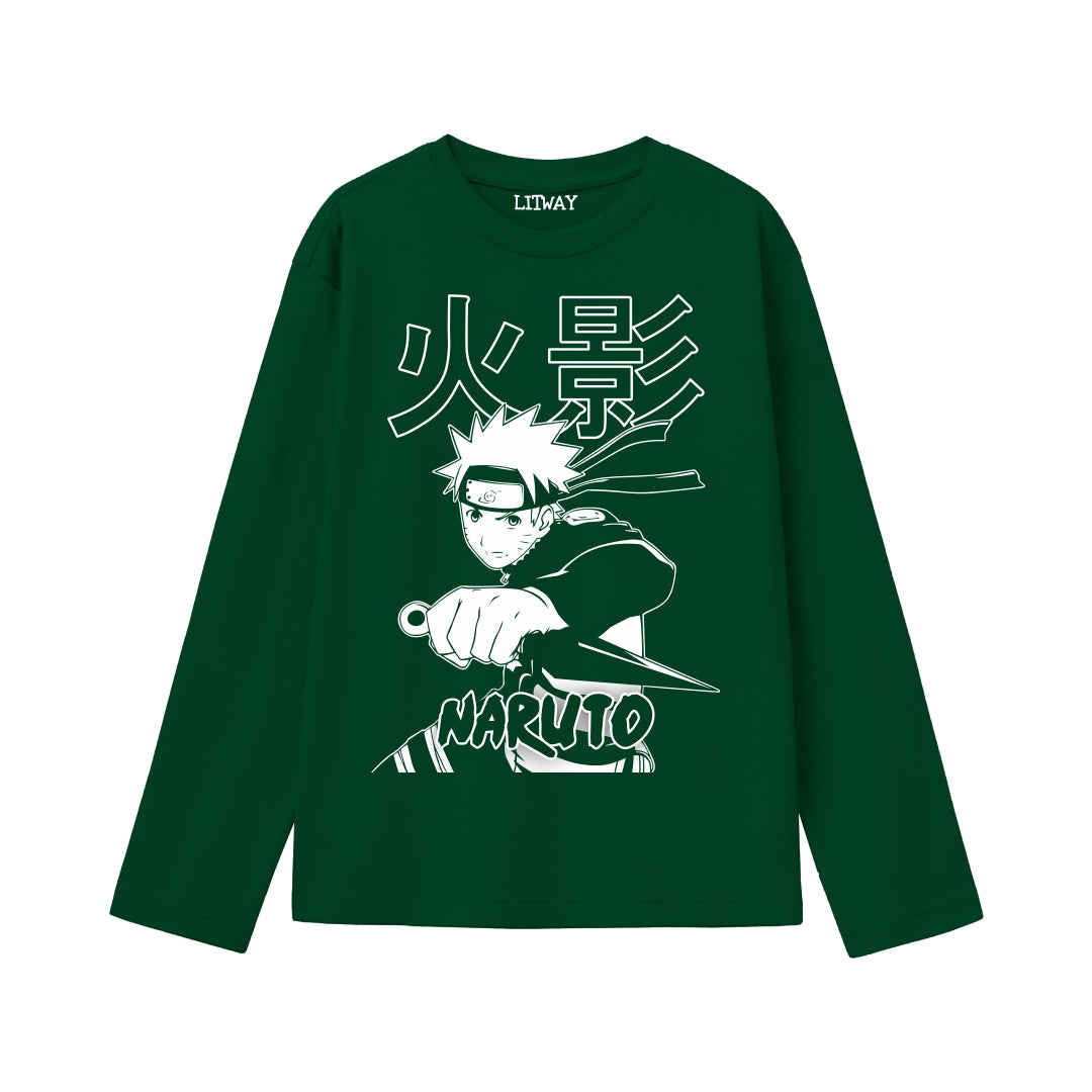 Boys Full Sleeve Naruto Kunai Pose T-Shirt – Dark Green Anime Edition (Ages 9 to 16 Years)