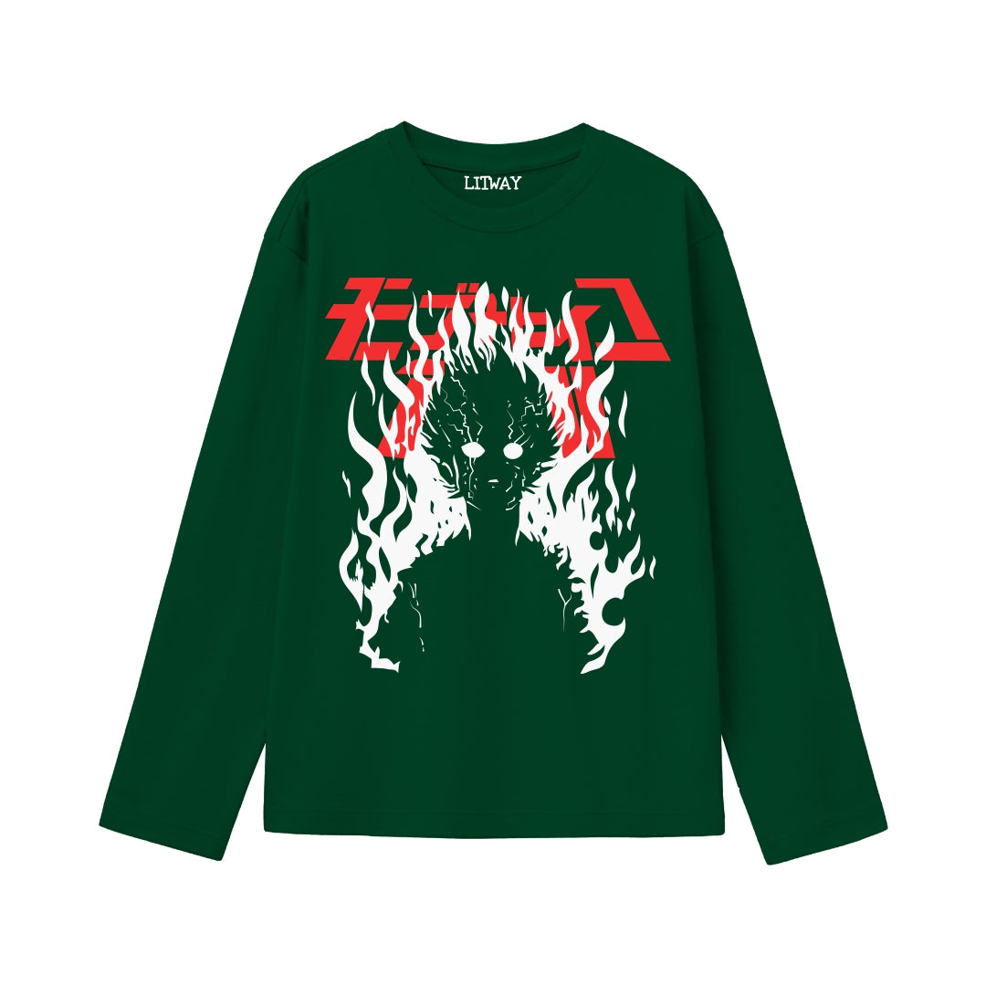 Boys Full Sleeve Anime Flame Spirit T-Shirt – Dark Green Graphic Tee (Ages 9 to 16 Years)