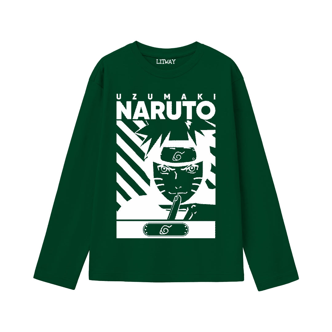 Boys Full Sleeve Uzumaki Naruto Shadow Graphic T-Shirt – Dark Green (Ages 9 to 16 Years)