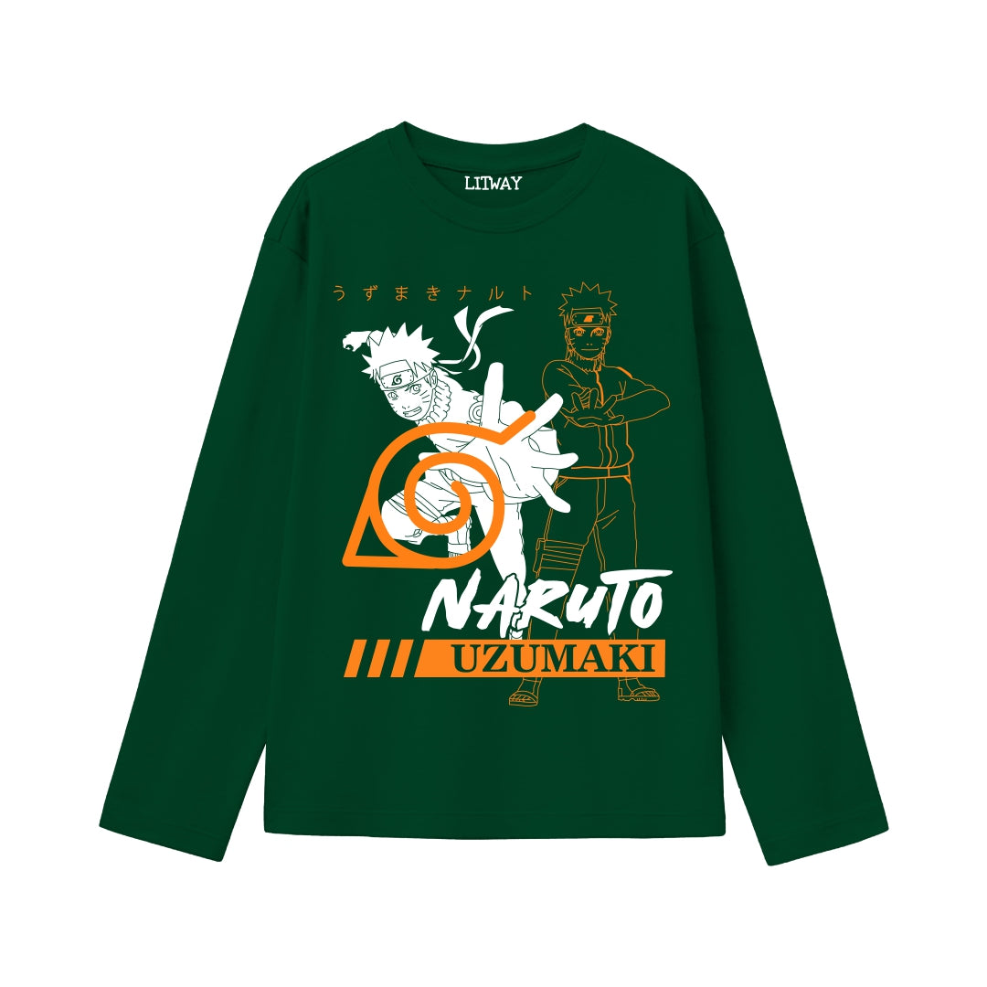 Boys Full Sleeve Naruto Uzumaki Rasengan Graphic T-Shirt – Dark Green Anime Design (Ages 9 to 16 Years)
