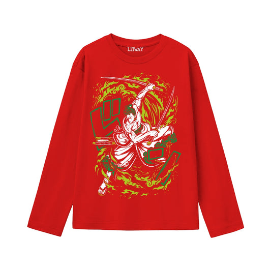 Boys Zoro Samurai Swordsman Full Sleeve T-Shirt – Anime Action Graphic Tee for Ages 9 to 16 Years