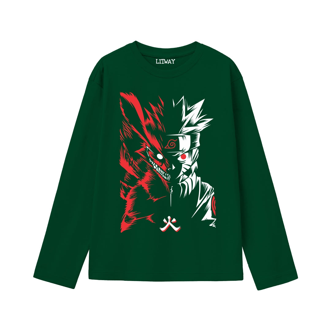 Boys Full Sleeve Naruto Kurama Dual-Print T-Shirt – Dark Green Anime Tee (Ages 9 to 16 Years)