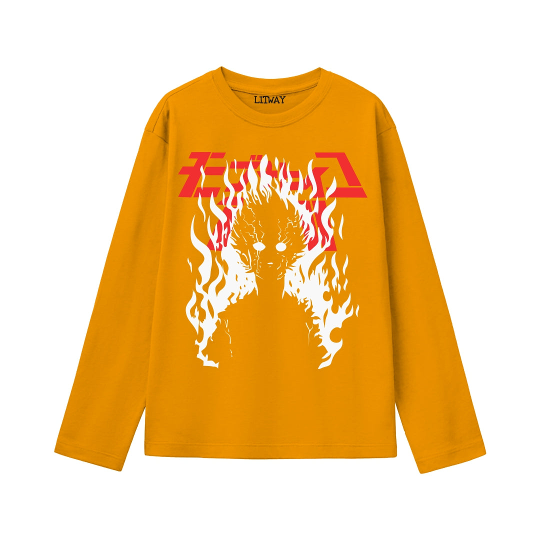 Boys Anime Flame Hero Full Sleeve T-Shirt (Ages 9-16) – Mustard Yellow Graphic Tee for Kids & Teens