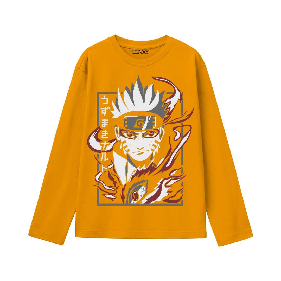 Boys Anime Full Sleeve T-Shirts (Ages 9–16) – Gojo Satoru, Naruto Kurama Mode & Super Saiyan Goku | Cotton Graphic Tees for Kids & Teens