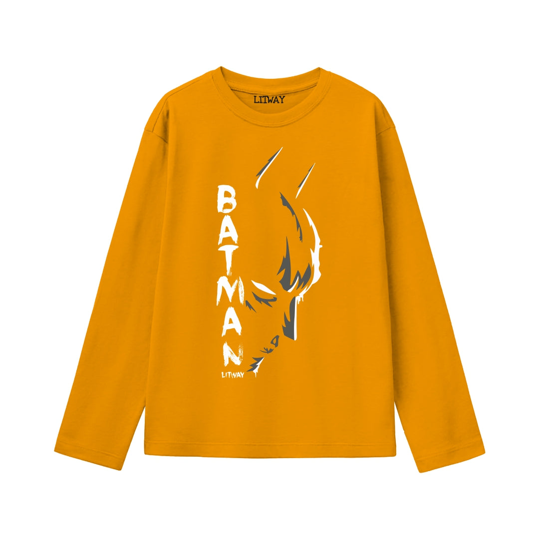 Boys Mustard Yellow Batman Full Sleeve T-Shirt (Ages 9-16) – Trendy Superhero Graphic Tee for Kids & Teens