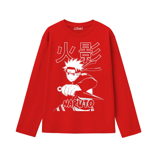 Boys Red Naruto Kunai Action Full Sleeve T-Shirt – Anime Graphic Tee for Ages 9 to 16 Years