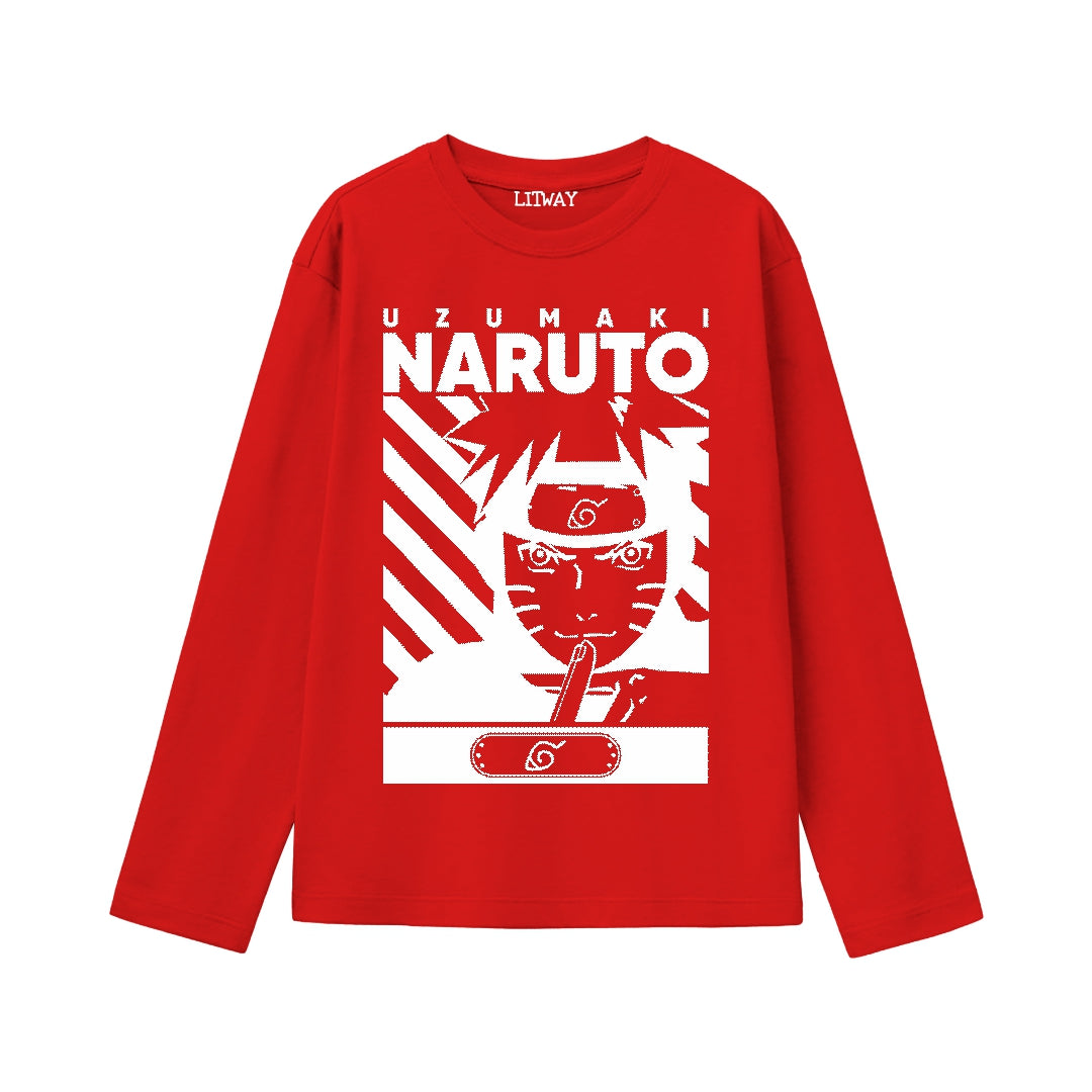 Boys Uzumaki Naruto Full Sleeve T-Shirt – Anime Graphic Tee for Ages 9 to 16 Years (Red)
