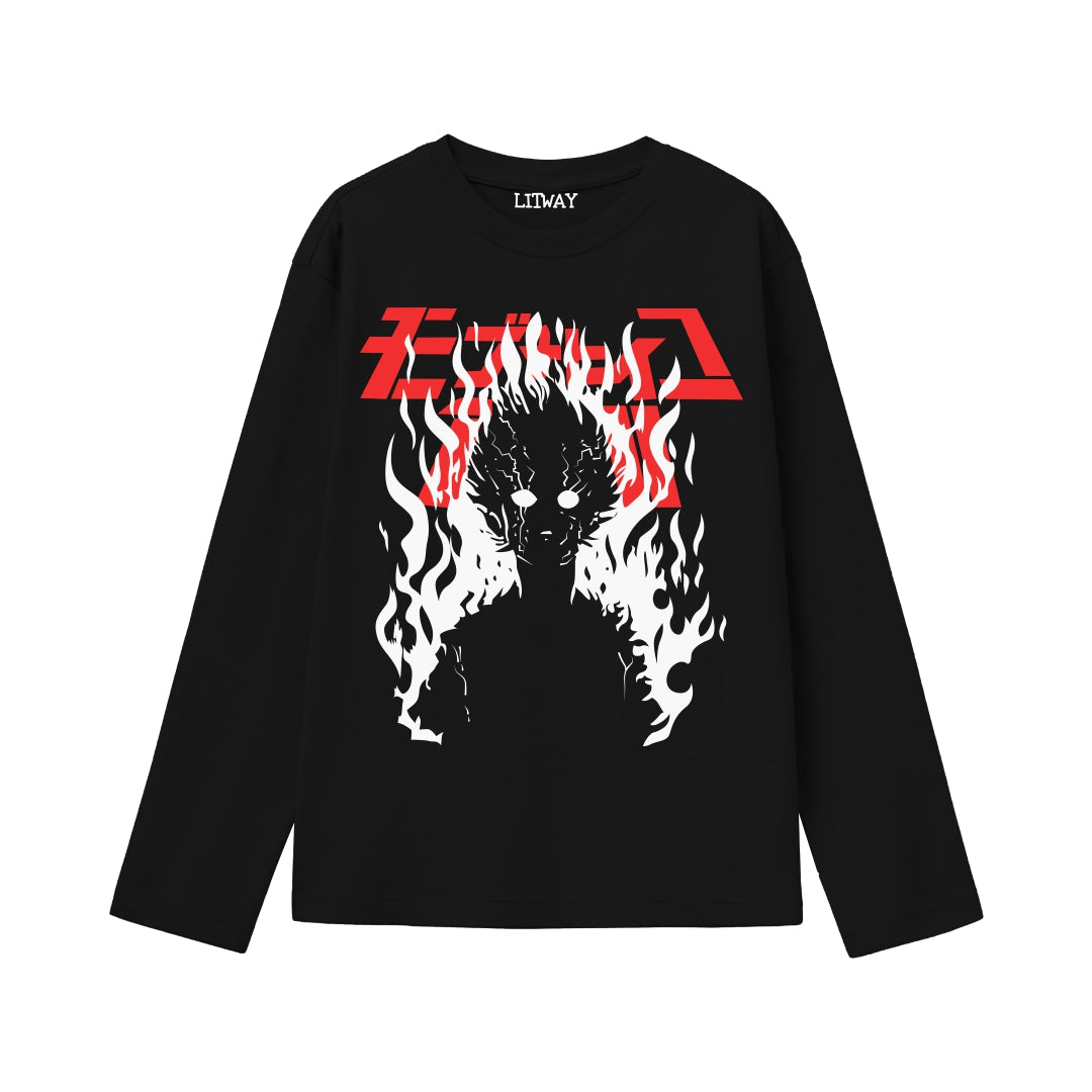 Boys Black Anime Flame Print Full Sleeve T-Shirt (Age 9-16 Years)