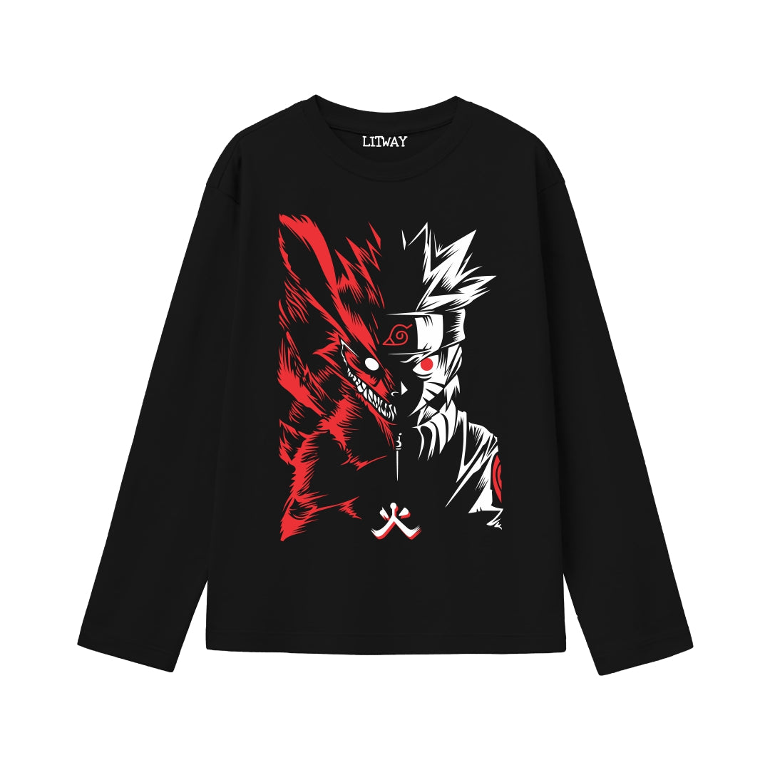 Boys Full Sleeve Anime T-Shirt Combo – Naruto Kurama & Goku Super Saiyan Print (Black & Red) | Cotton Tees for Ages 9–16 Years | Casual Wear for Anime Enthusiasts