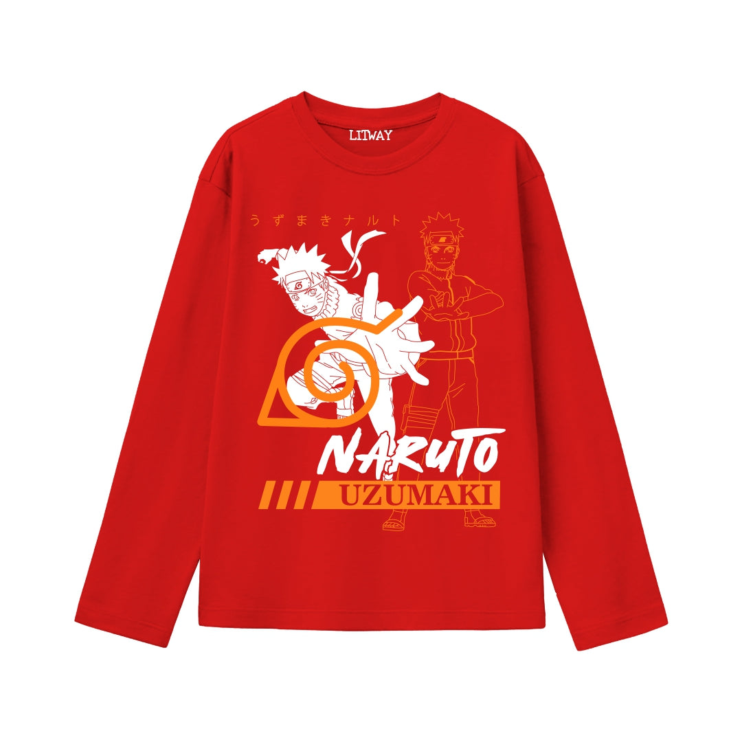 Boys Red Naruto Uzumaki Rasengan Full Sleeve T-Shirt – Anime Graphic Tee for Ages 9 to 16 Years