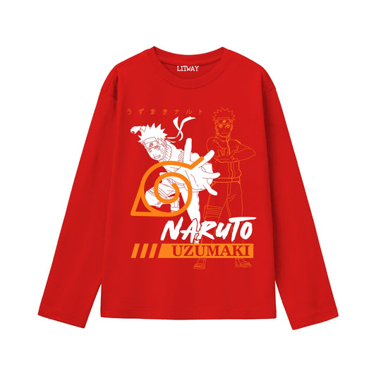 Boys Red Naruto Uzumaki Rasengan Full Sleeve T-Shirt – Anime Graphic Tee for Ages 9 to 16 Years