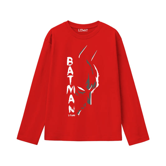 Boys Red Batman Full Sleeve T-Shirt (Ages 9-16) – Trendy Superhero Graphic Tee for Kids & Teens