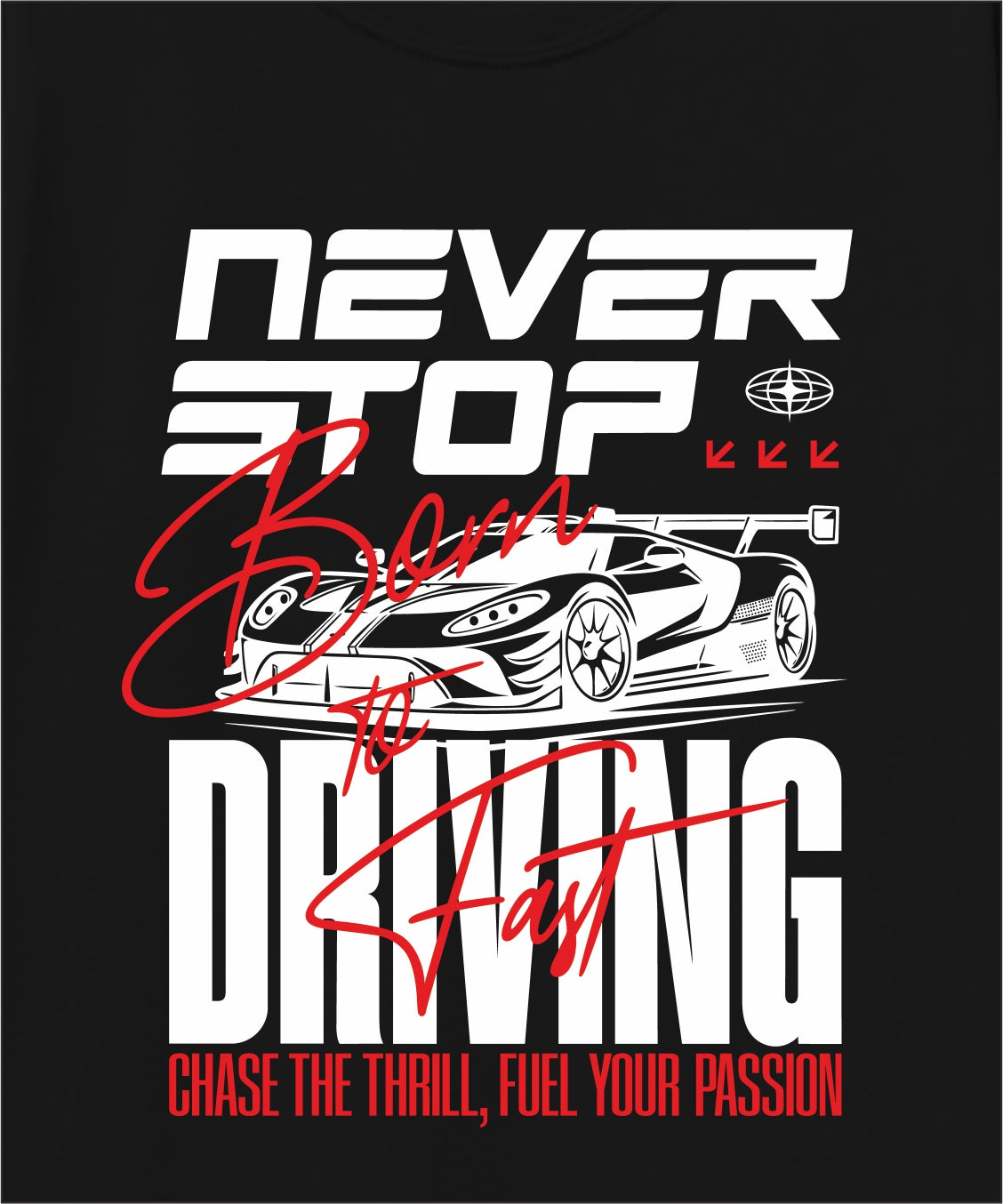 Boys Black Pure Cotton Full Sleeve Graphic T-Shirt | “Never Stop Driving” Racing Car Print | Soft Breathable Fabric | Casual Wear for Kids (5–16 Years)