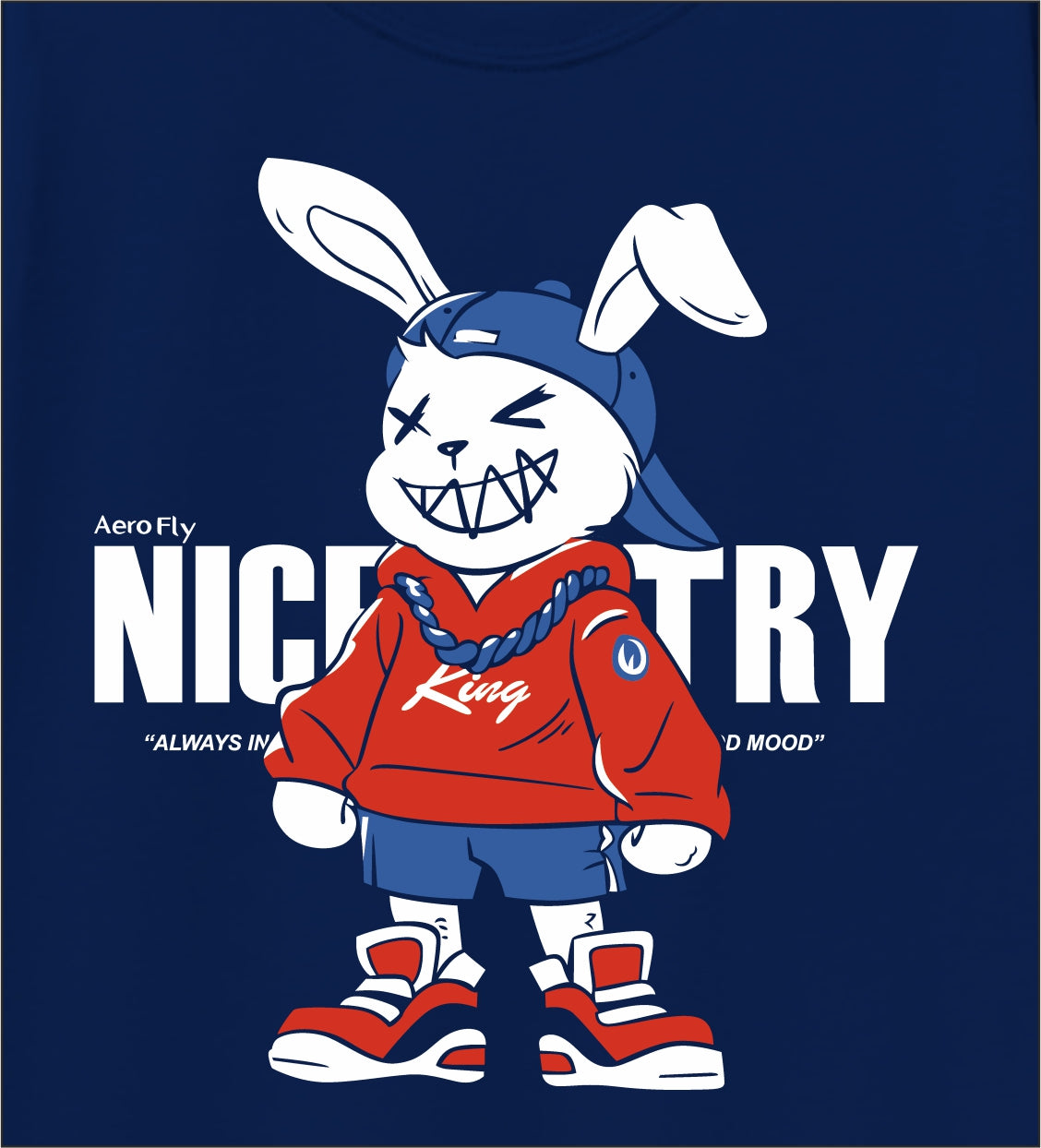 Boys Navy Blue Nice Try Cartoon Rabbit Graphic Full Sleeve T-Shirt | Pure Cotton Printed Tee for Kids (5–16 Years)