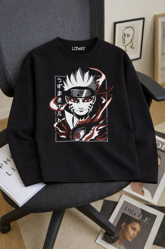 Boys Black Regular Fit Cotton Printed Full Sleeve T-Shirt