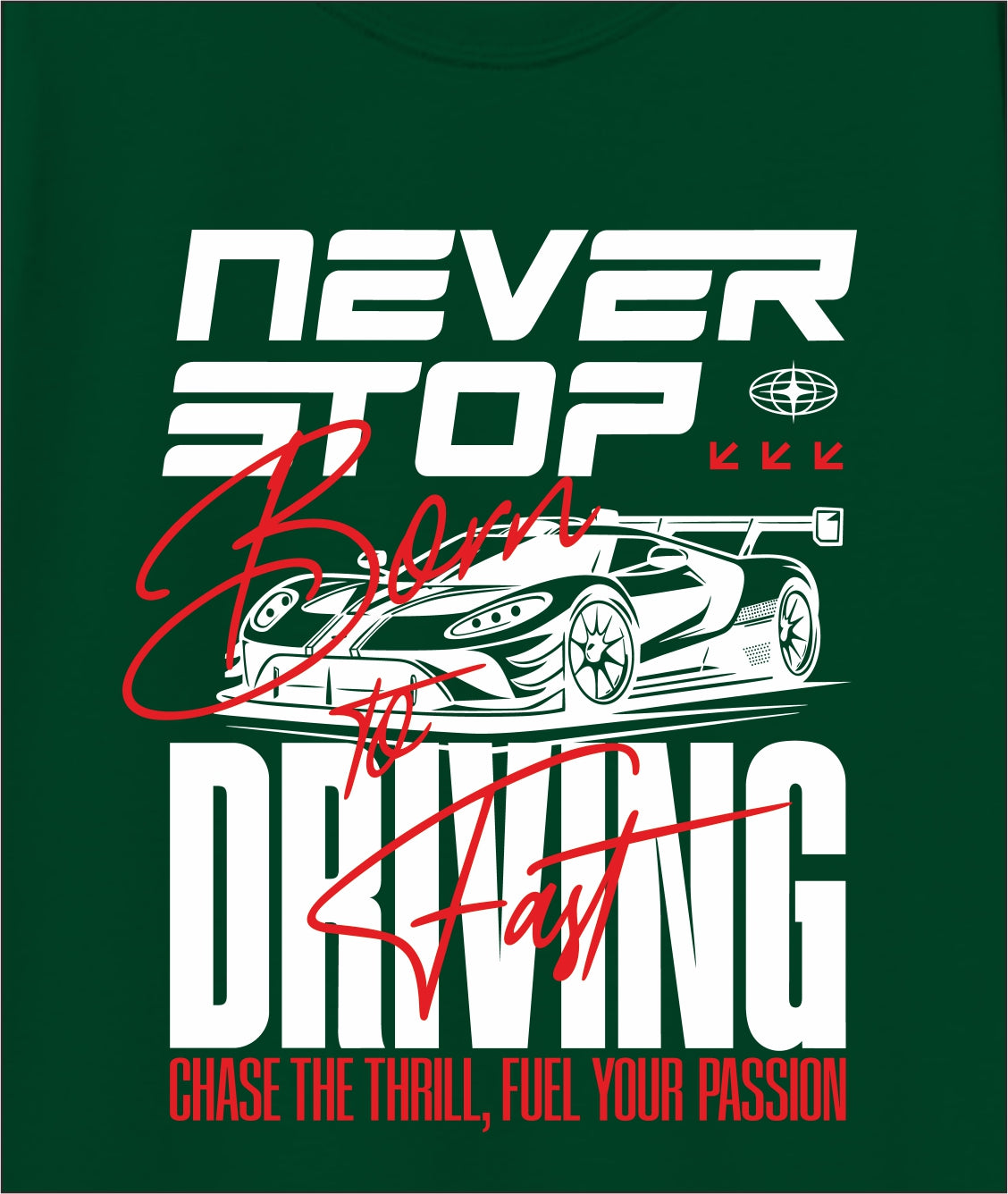 Boys Dark Green Pure Cotton Full Sleeve Graphic T-Shirt | “Never Stop Born to Drive” Racing Car Print Casual Tee | Soft Breathable Kids Wear (Ages 5–16 Years)