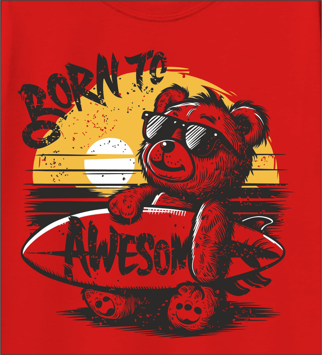 Boys Red Pure Cotton Full Sleeve Graphic T-Shirt – Born to Be Awesome Surf Bear Print | Ages 5–16 Years
