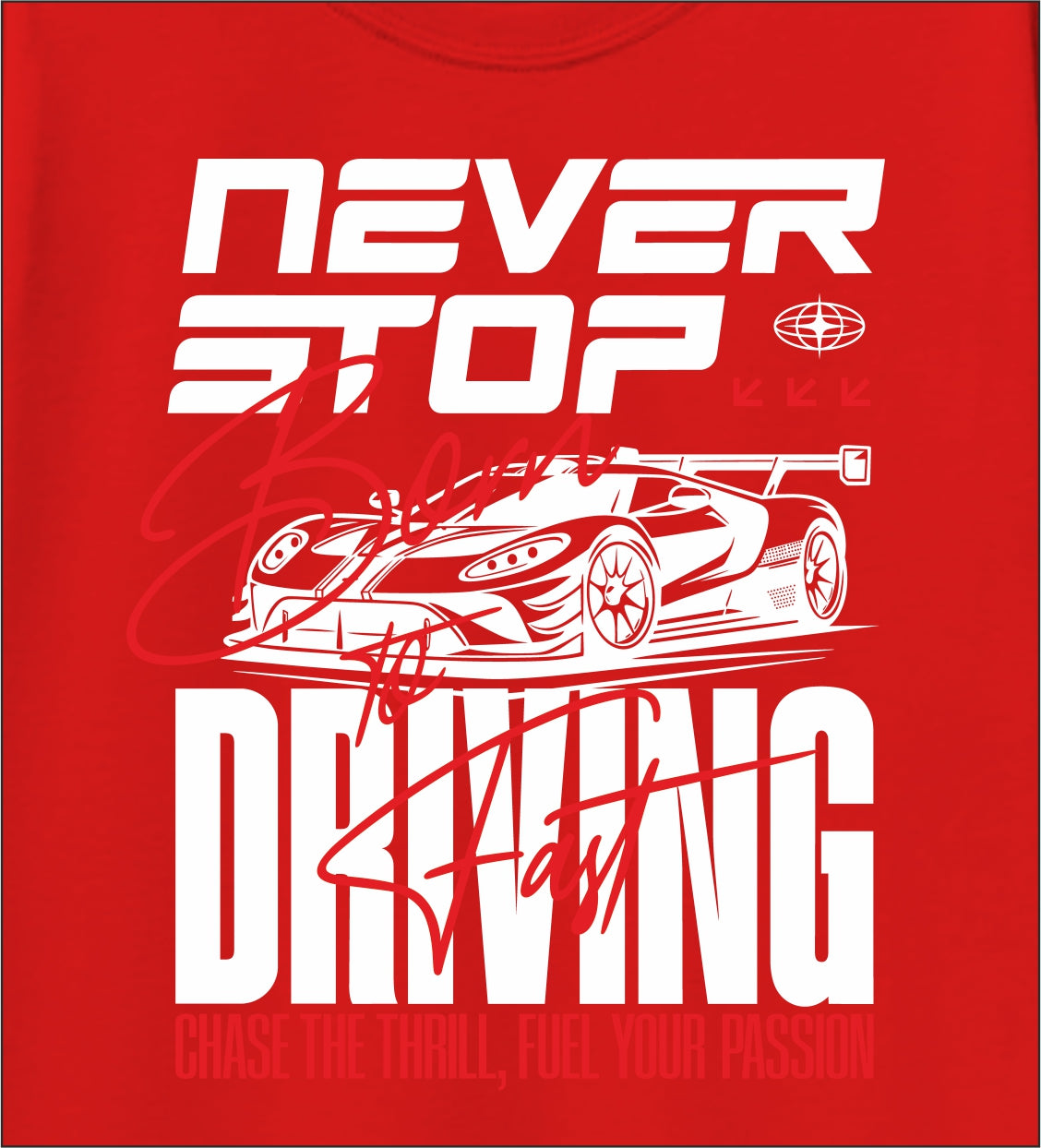 Boys Red Pure Cotton Full Sleeve Graphic T-Shirt – Never Stop Driving Car Print | Ages 5–16 Years