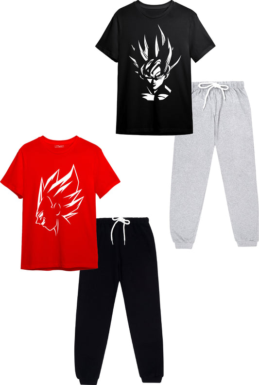 Boys Anime Graphic T-Shirt & Jogger Set (Ages 9–16 Years) – Cool Super Saiyan Print