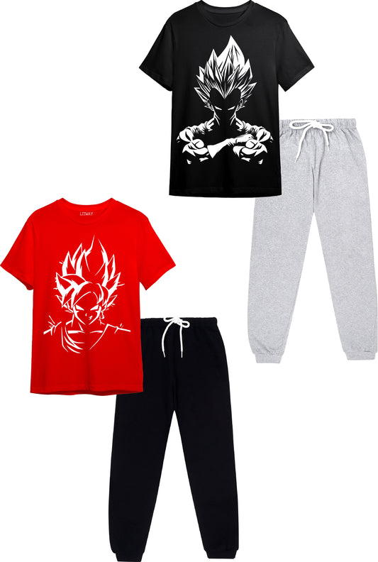 Boys Anime Graphic T-Shirt & Jogger Set (Ages 9–16 Years) – Super Saiyan Print