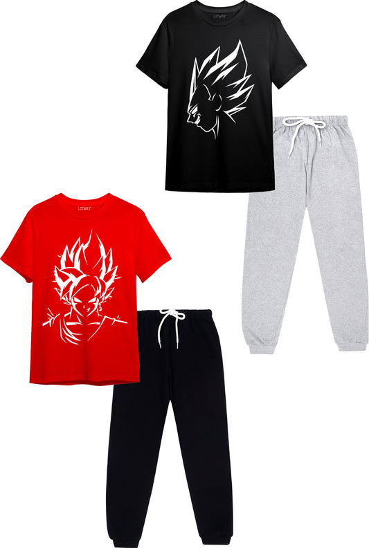 Boys Anime Printed T-Shirt & Jogger Set (9–16 Years) – Full Sleeve Casual Outfit