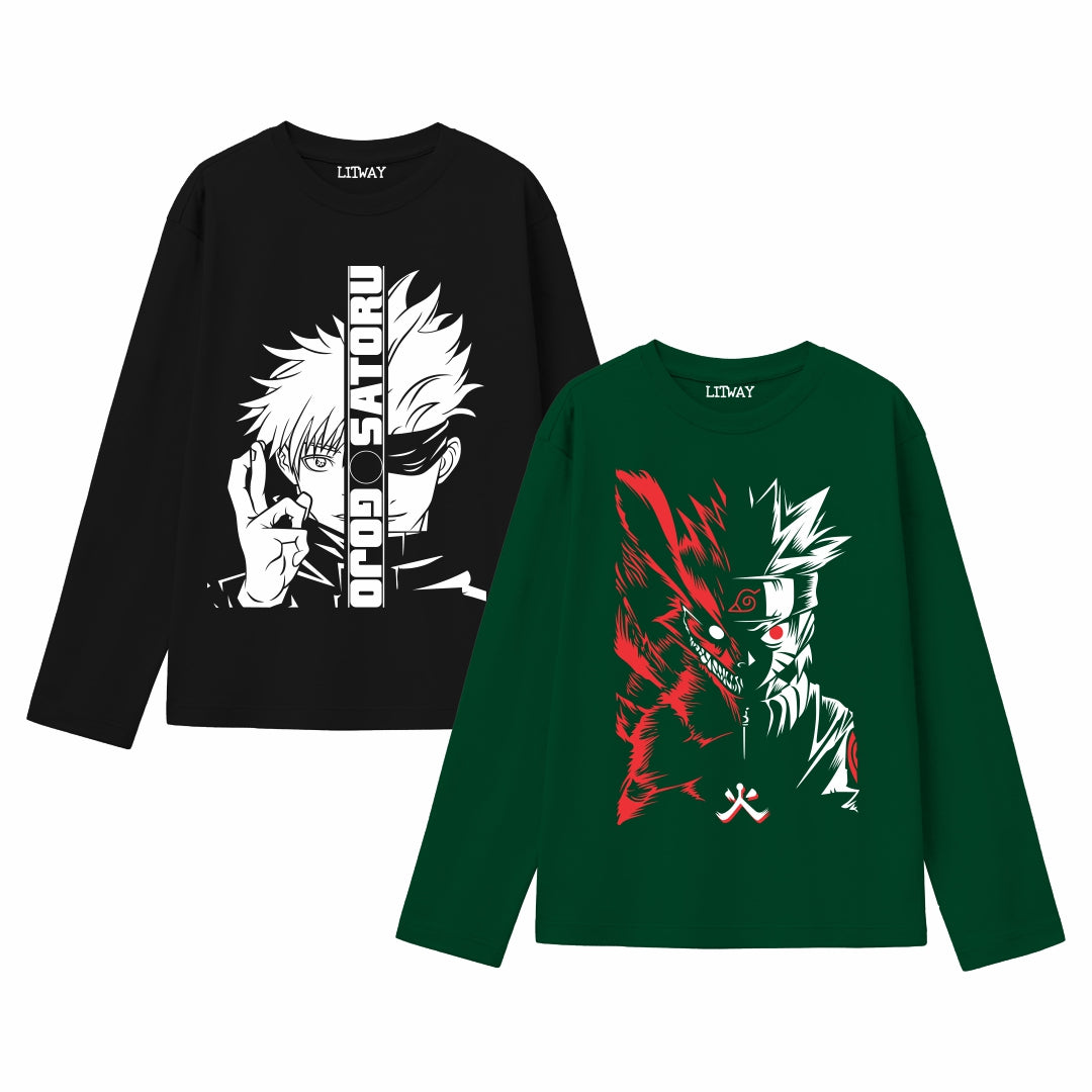 Boys Anime Full Sleeve T-Shirt Combo – Gojo Satoru & Naruto Kurama Fusion Print (Black & Green) | Cotton Tees for Ages 9–16 Years | Cool Casual Wear for Anime Lovers