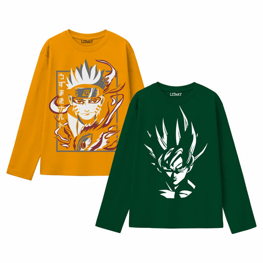Boys Full Sleeve Anime Printed Cotton T-Shirts – Naruto Kurama Mode & Goku Super Saiyan Design (Sizes 9–16 Years)