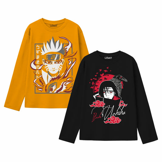 Boys Full Sleeve Anime T-Shirts – Naruto Kurama Mode & Itachi Uchiha Design (Sizes 9–16 Years) | 100% Cotton Fanwear