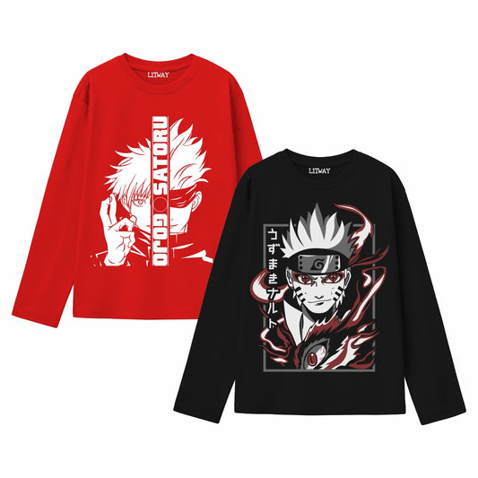 Boys Full Sleeve Anime Graphic T-Shirts (Size 9–16 Years) – Naruto & Gojo Satoru Themed Cotton Tees