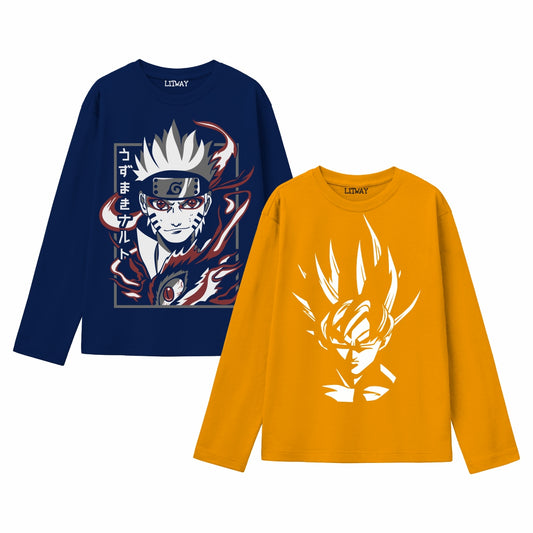 Boys Full Sleeve Anime Cotton T-Shirts – Naruto Kurama Mode & Goku Super Saiyan Print (Sizes 9–16 Years) | Premium Fanwear Combo