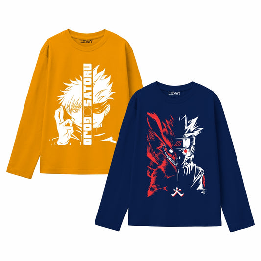 Boys Full Sleeve Anime Cotton T-Shirts – Gojo Satoru & Naruto Kurama Fusion Print (Sizes 9–16 Years) | Premium Graphic Tees for Young Anime Fans