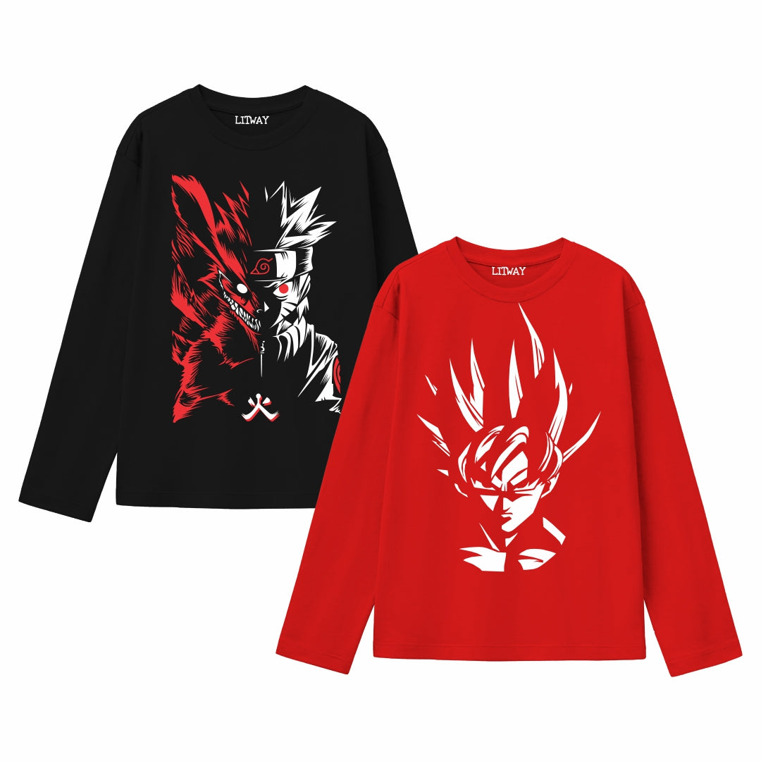 Boys Full Sleeve Anime T-Shirt Combo – Naruto Kurama & Goku Super Saiyan Print (Black & Red) | Cotton Tees for Ages 9–16 Years | Casual Wear for Anime Enthusiasts