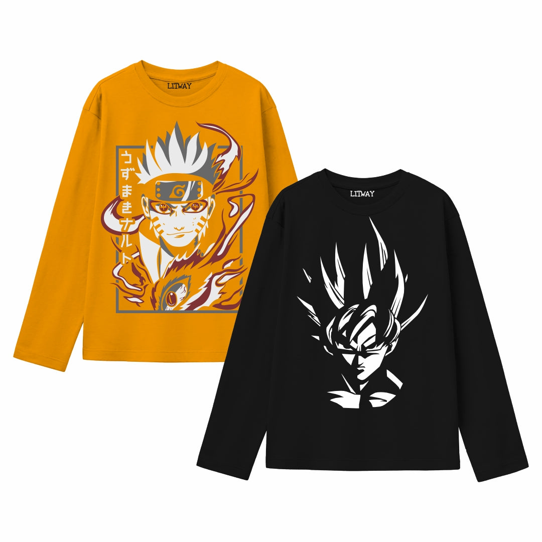 Boys Full Sleeve Anime Cotton T-Shirts – Naruto Kurama Mode & Goku Super Saiyan Design (Sizes 9–16 Years)