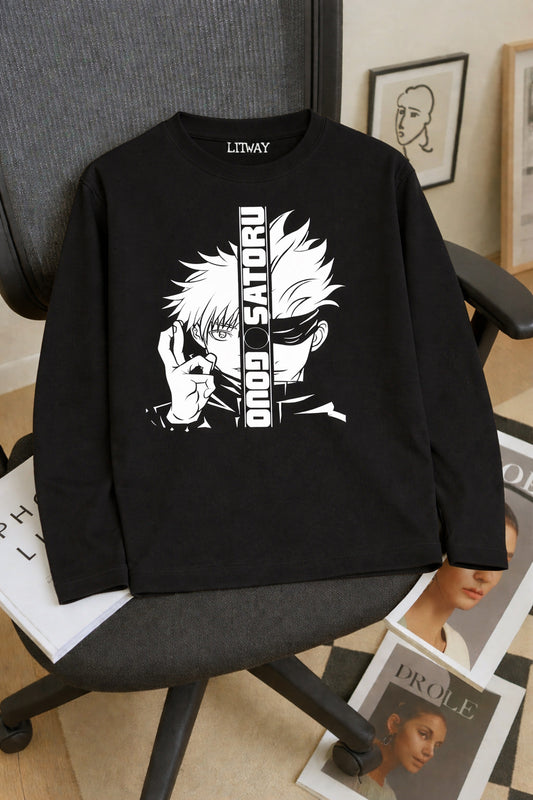 Boys Black Regular Fit Cotton Printed Full Sleeve T-Shirt