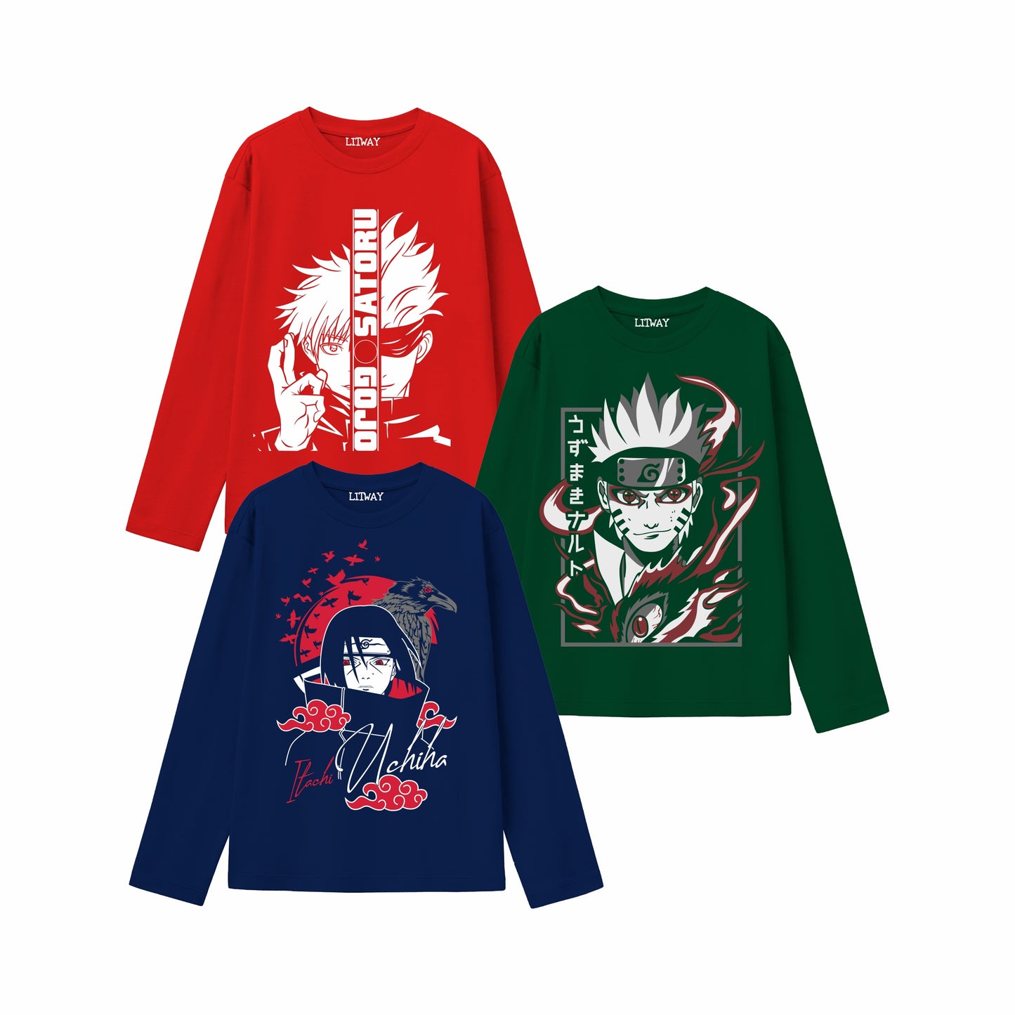 Boys Anime Full Sleeve T-Shirts (Ages 9–16) – Gojo Satoru, Kakashi Hatake, Itachi Uchiha | Stylish Cotton Tees for Teens