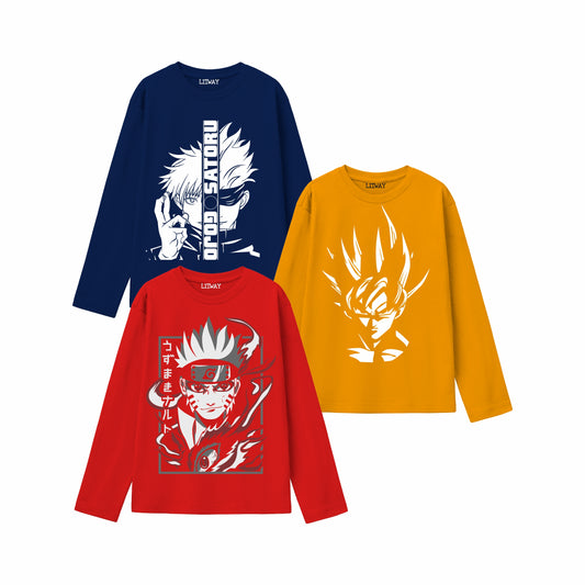 Boys Anime Print Full Sleeve T-Shirts (Ages 9–16 Years) – Naruto, Goku, Gojo Designs | 100% Cotton | Casual Wear