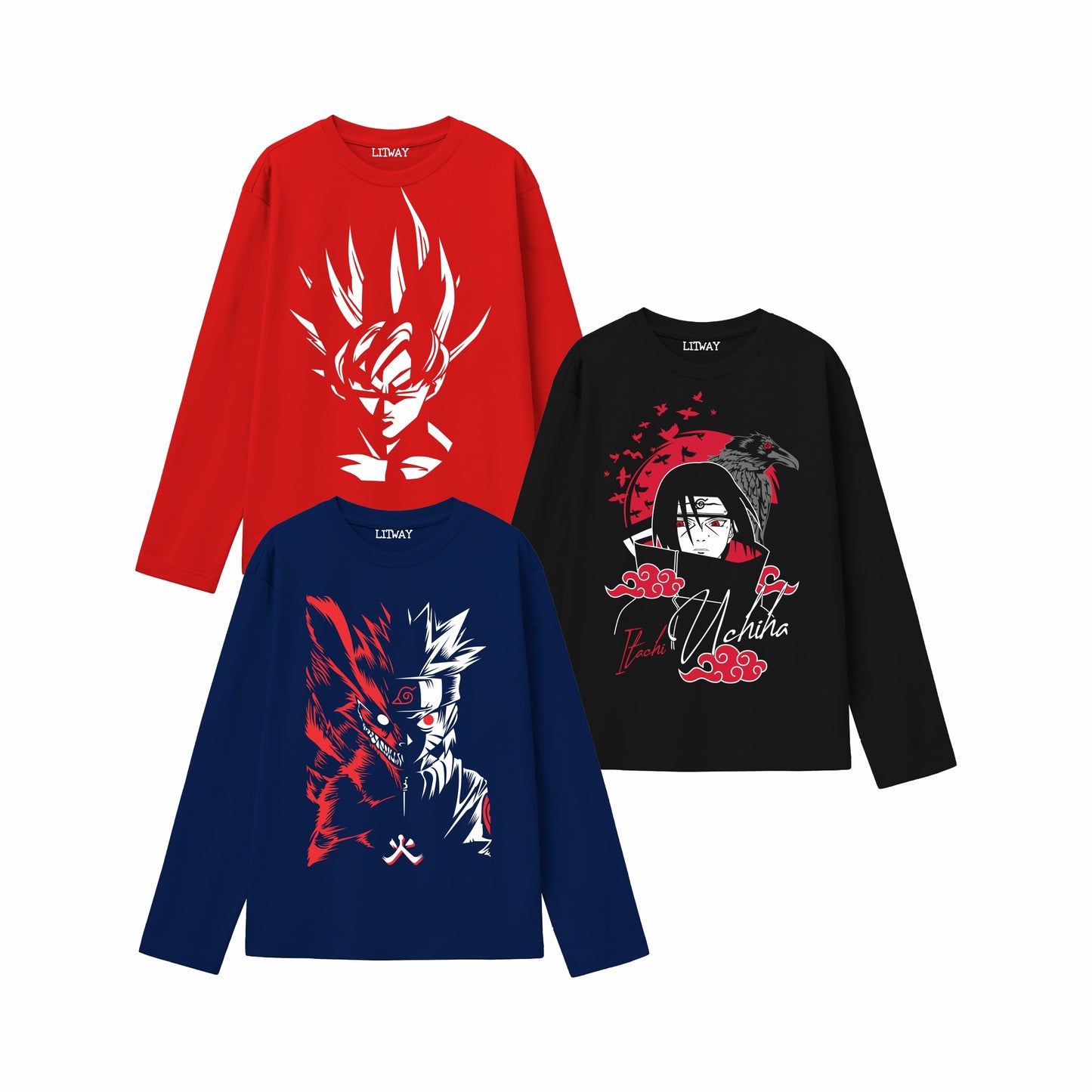 Boys Anime Printed Full Sleeve T-Shirts (Ages 9–16 Years) – Goku, Itachi, Kakashi Designs | 100% Cotton | Stylish & Comfortable Casual Wear