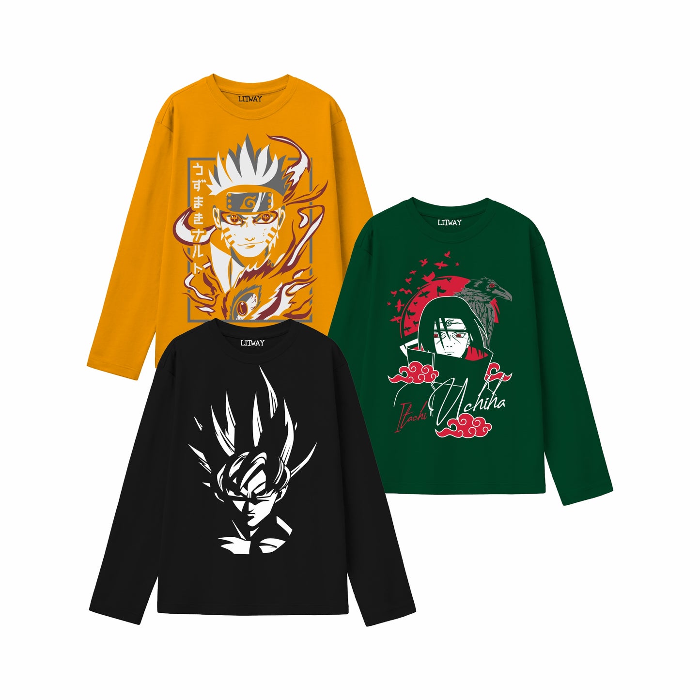 Boys Anime Full Sleeve T-Shirts (Ages 9–16) – Naruto, Itachi Uchiha & Super Saiyan Goku | Premium Cotton Tees for Kids, Teens & Anime Fans