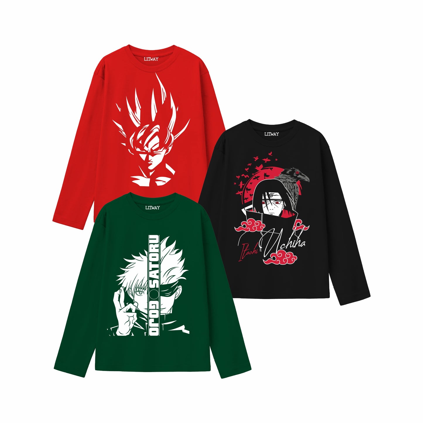 Boys Full Sleeve Anime T-Shirts (Ages 9–16 Years) – Goku, Naruto, Gojo Designs | 100% Cotton | Casual Wear for Teens & Kids