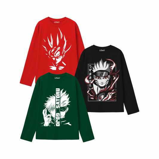 Boys Full Sleeve Anime Printed T-Shirts (Ages 9–16 Years) – Naruto, Itachi, Goku Designs | 100% Cotton | Trendy & Comfortable Casual Wear