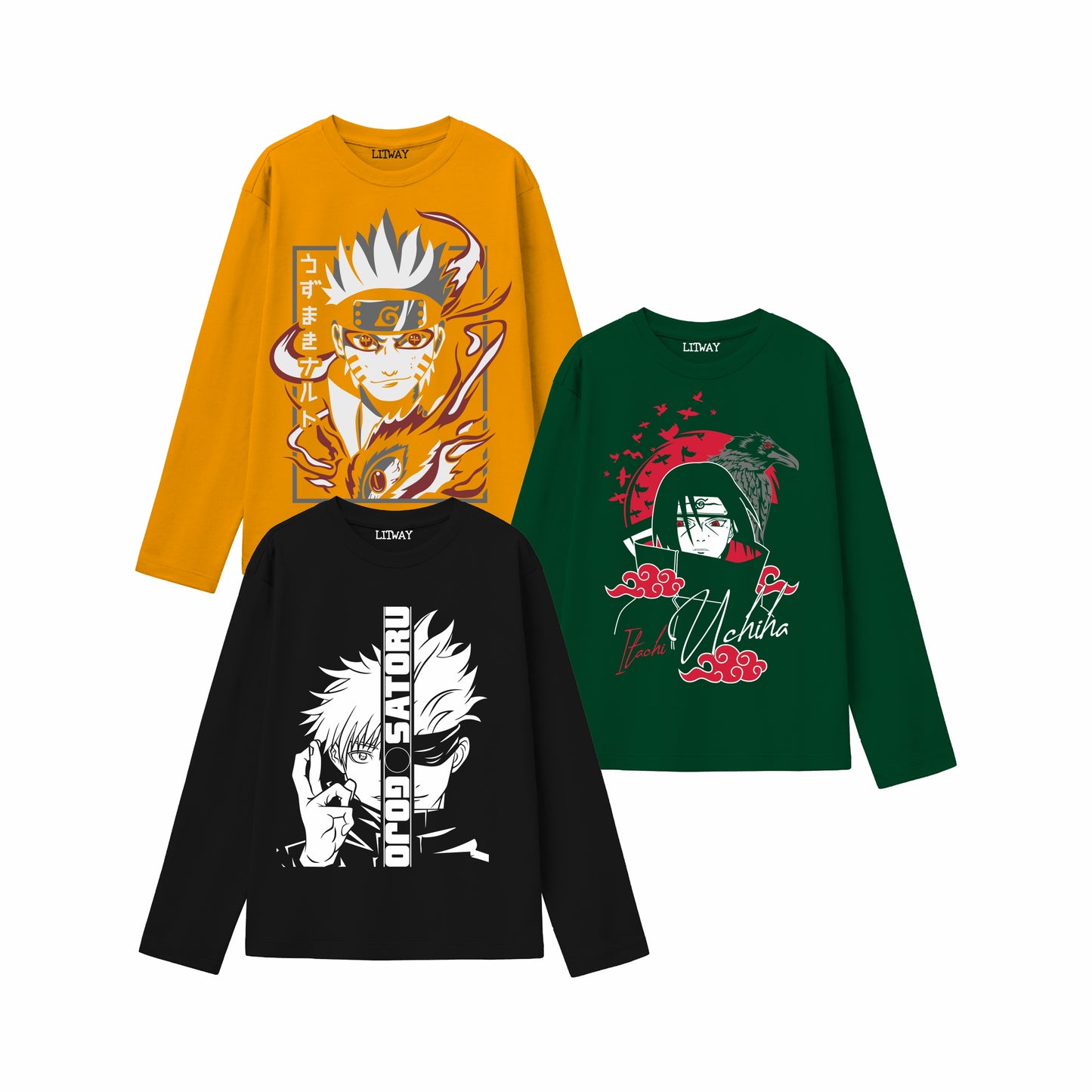Boys Anime Full Sleeve T-Shirts (Ages 9–16) – Gojo Satoru, Naruto Kurama Mode & Super Saiyan Goku | Cotton Graphic Tees for Kids & Teens