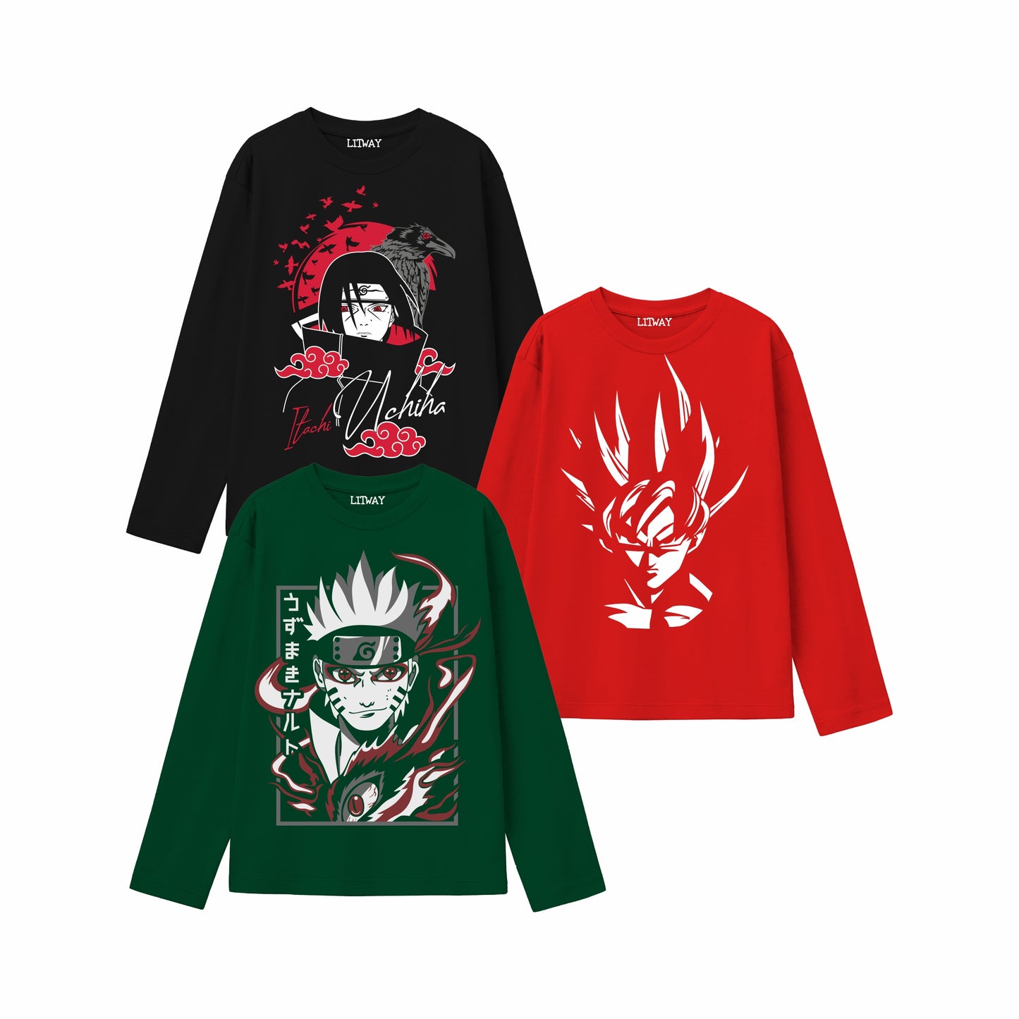 Boys Full Sleeve Anime Graphic T-Shirts (9–16 Years) – Naruto, Itachi, Goku Prints | 100% Cotton | Trendy & Comfortable Casual Wear