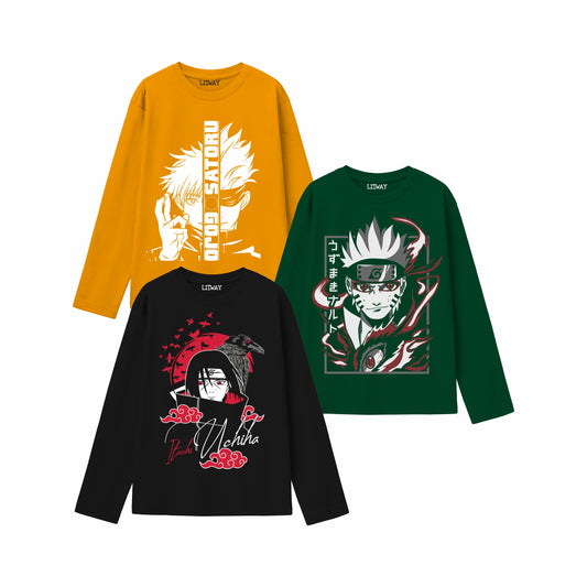 Boys Full Sleeve Anime T-Shirts (Ages 9–16) – Gojo Satoru, Kakashi Hatake & Itachi Uchiha | Premium Cotton Tees for Kids, Teens & Anime Fans