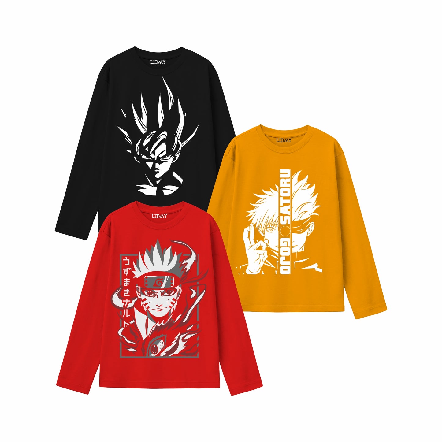 Boys Anime Full Sleeve T-Shirts (Ages 9–16 Years) – Naruto, Goku, Gojo Printed Tees | 100% Cotton | Trendy Casual Wear for Kids & Teens