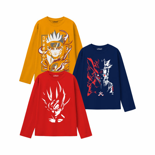 Boys Full Sleeve Anime T-Shirts (Ages 9–16) – Naruto Kurama Mode, Split-Face Naruto & Super Saiyan Goku | Stylish Cotton Tees for Kids, Teens & Anime Fans