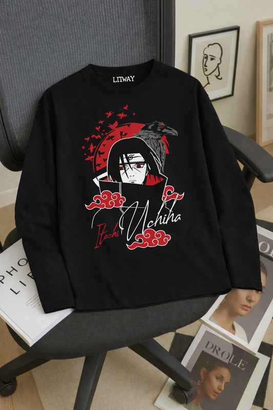 Boys Black Regular Fit Cotton Printed Full Sleeve T-Shirt