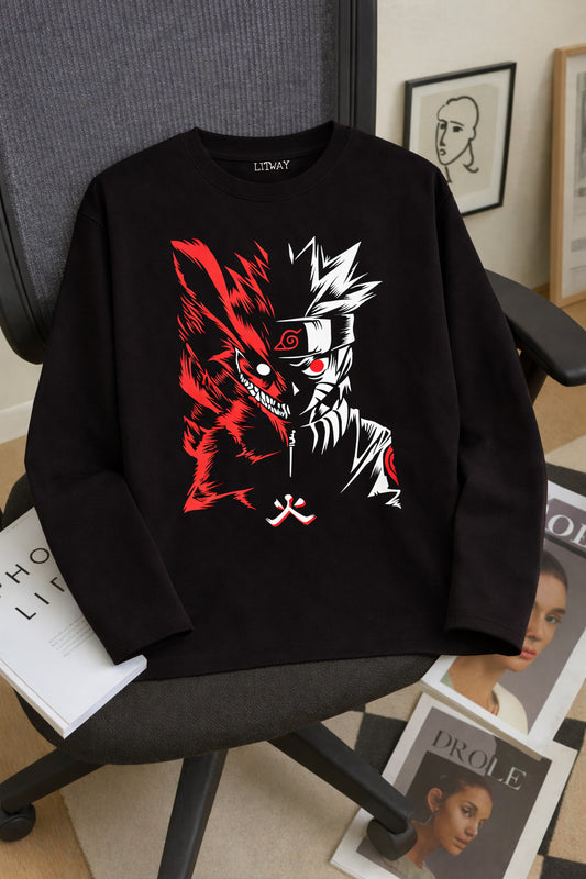 Boys Black Regular Fit Cotton Printed Full Sleeve T-Shirt